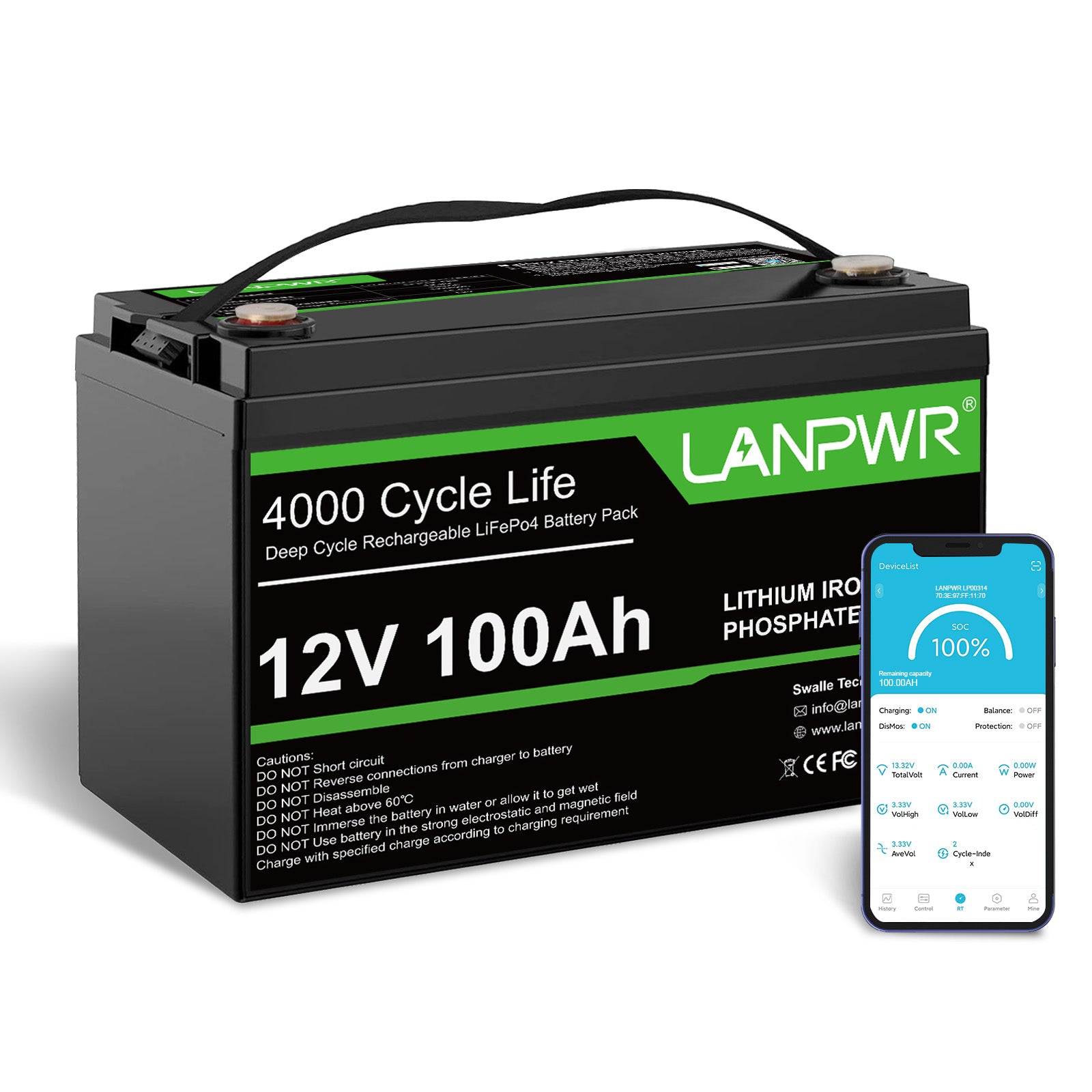 LANPWR12V100AhLiFePO4BatterywithBluetooth5.0,4000+DeepCycleLithiumBattery