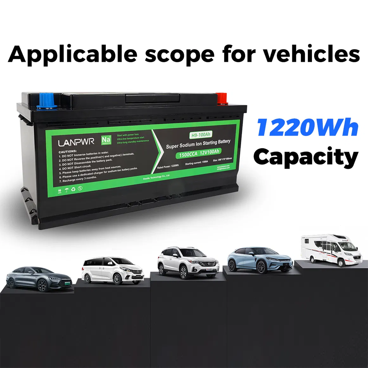 LANPWR H9 1500CCA Starter Battery 12V 100Ah 1220Wh Sodium-ion Vehicle Starting Battery