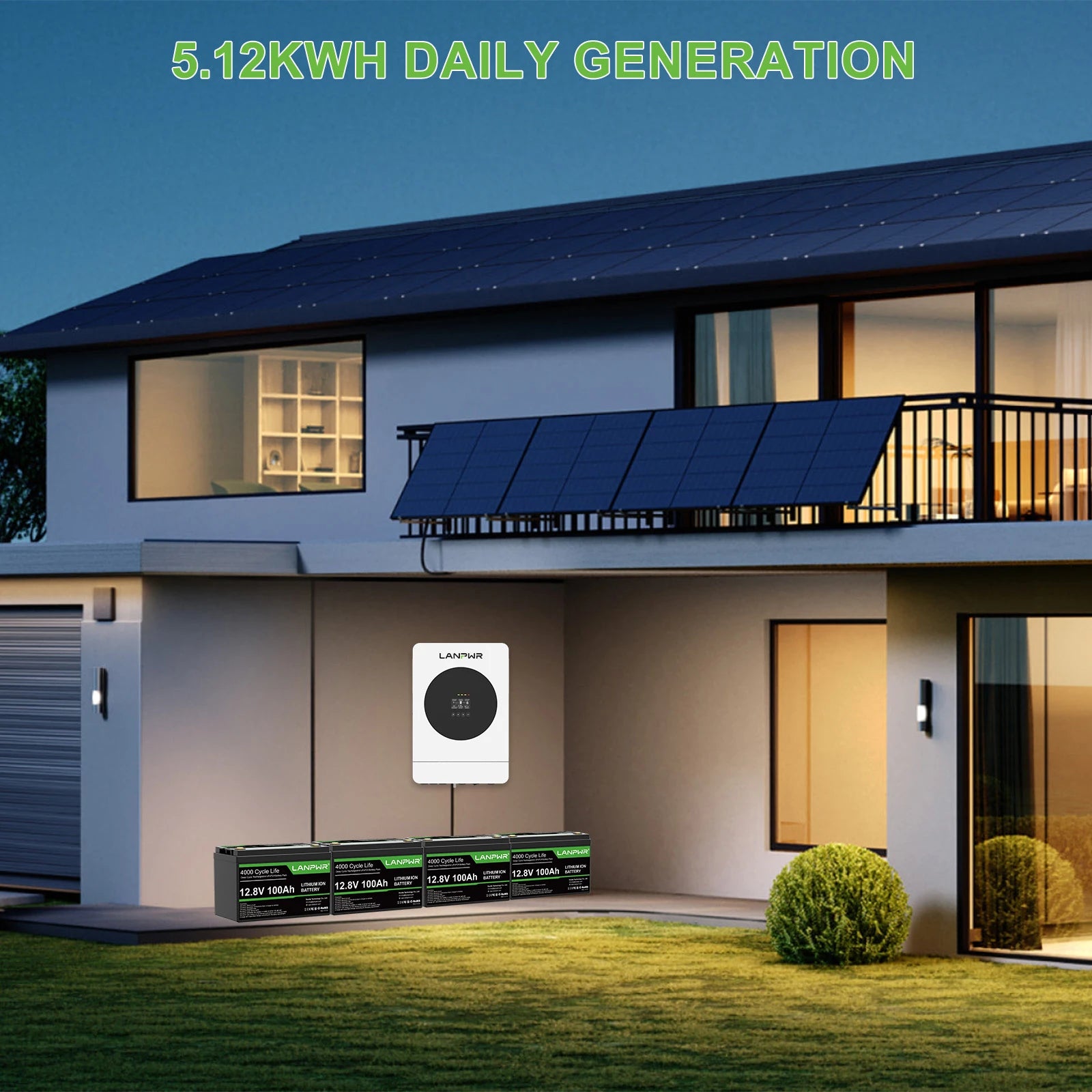 LANPWR 1440Wp 3600W 24V 5.12kWh Off-Grid Solar Kit - 24V 3600W Off-grid Inverter, 4x12V 100Ah Battery LiFePO4 Battery
