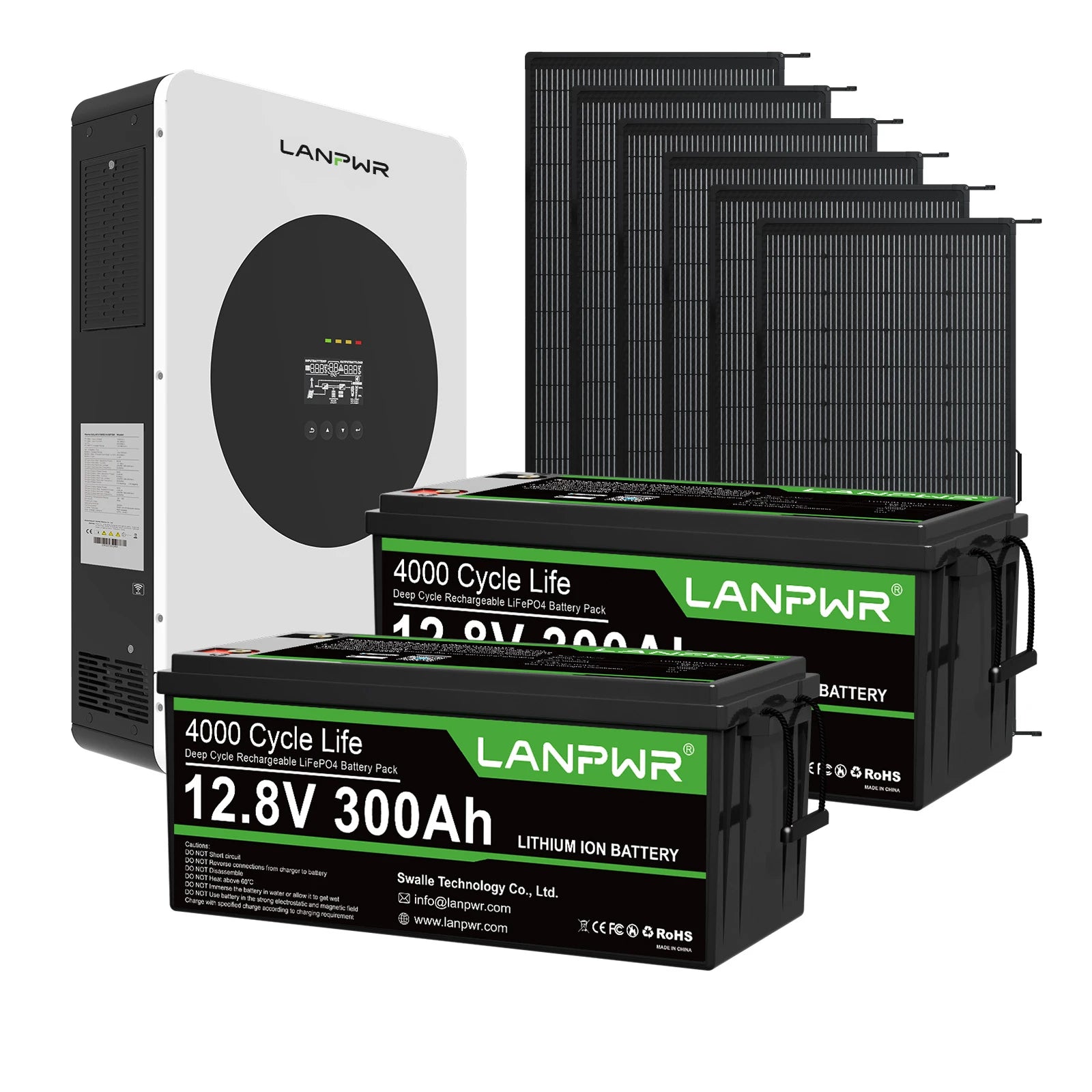 LANPWR 1440Wp 3600W 24V 5.12kWh Off-Grid Solar Kit - 24V 3600W Off-grid Inverter, 2x12V 300Ah Bluetooth LiFePO4 Battery