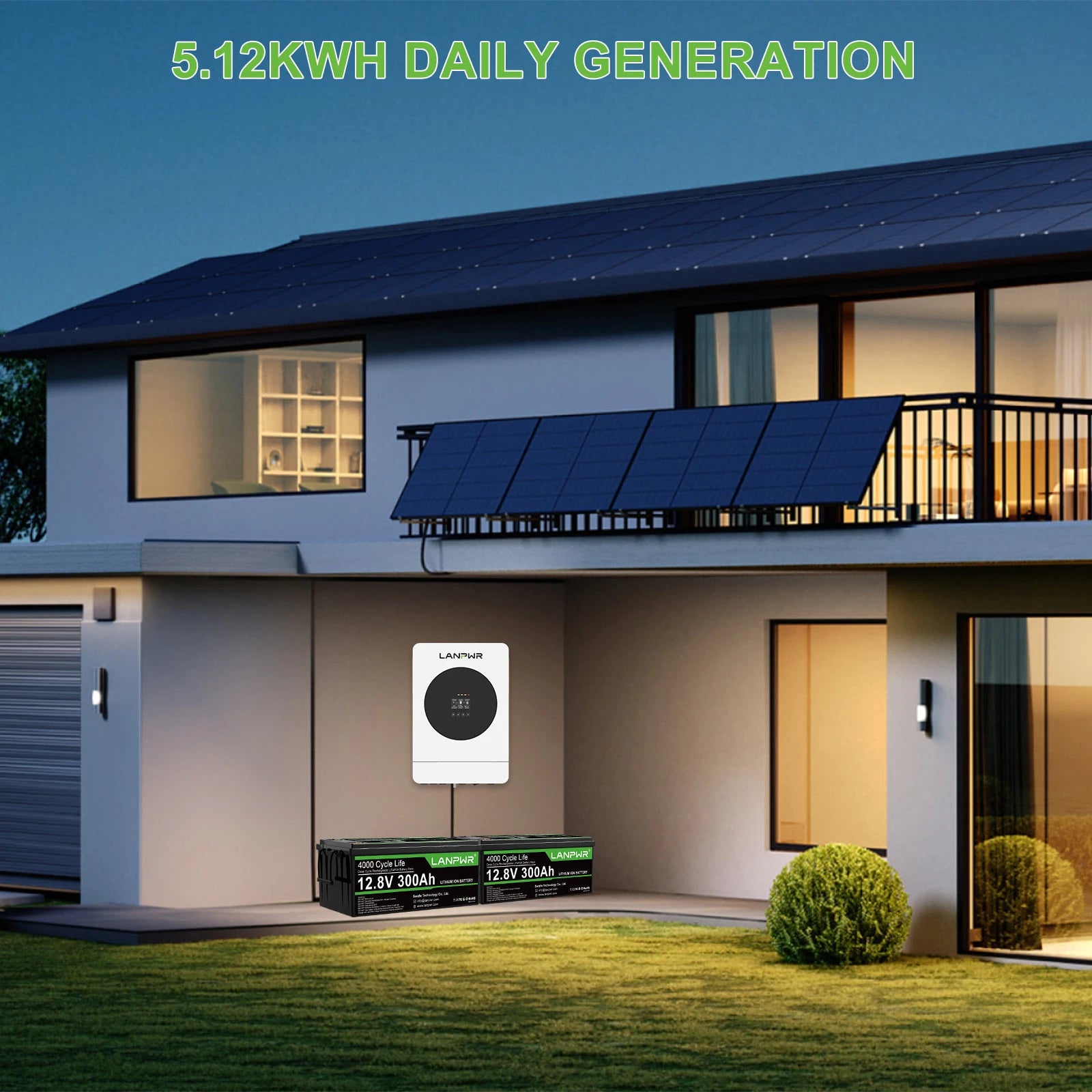 LANPWR 1440Wp 3600W 24V 5.12kWh Off-Grid Solar Kit - 24V 3600W Off-grid Inverter, 2x12V 300Ah Bluetooth LiFePO4 Battery