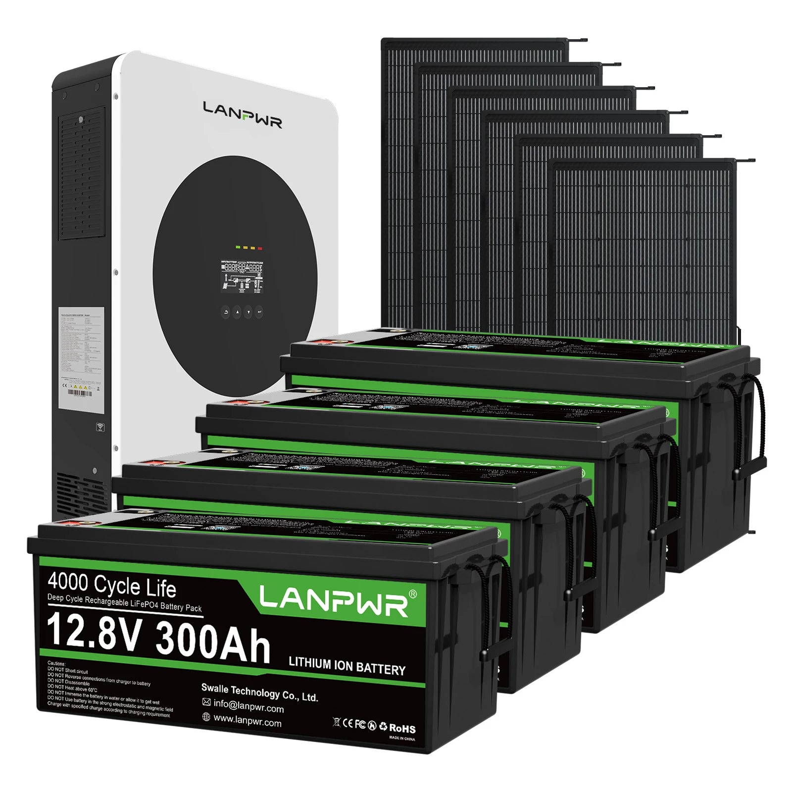 LANPWR 1440Wp 3600W 24V 5.12kWh Off-Grid Solar Kit - 24V 3600W Off-grid Inverter, 2x12V 300Ah Bluetooth LiFePO4 Battery