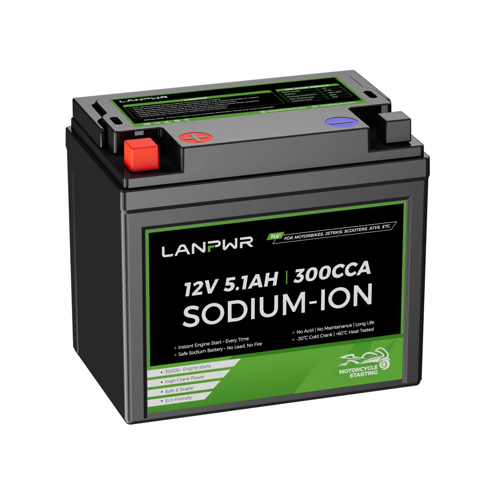 LANPWR 300CCA 12V 5.1Ah Sodium-ion Motorcycle Battery for Scooter, ATV, UTV, Jet Ski