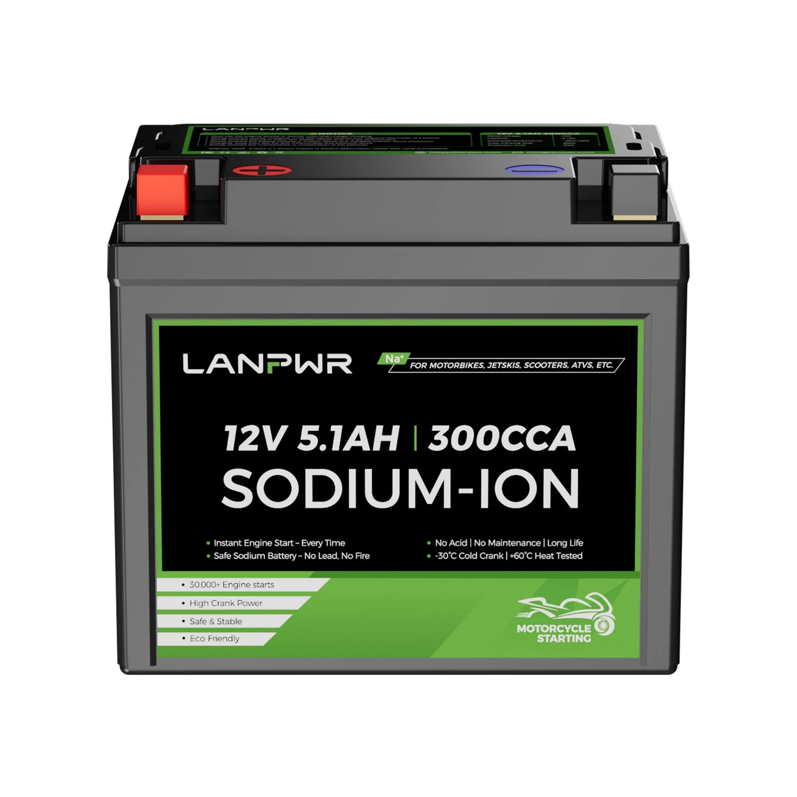 LANPWR 300CCA 12V 5.1Ah Sodium-ion Motorcycle Battery for Scooter, ATV, UTV, Jet Ski