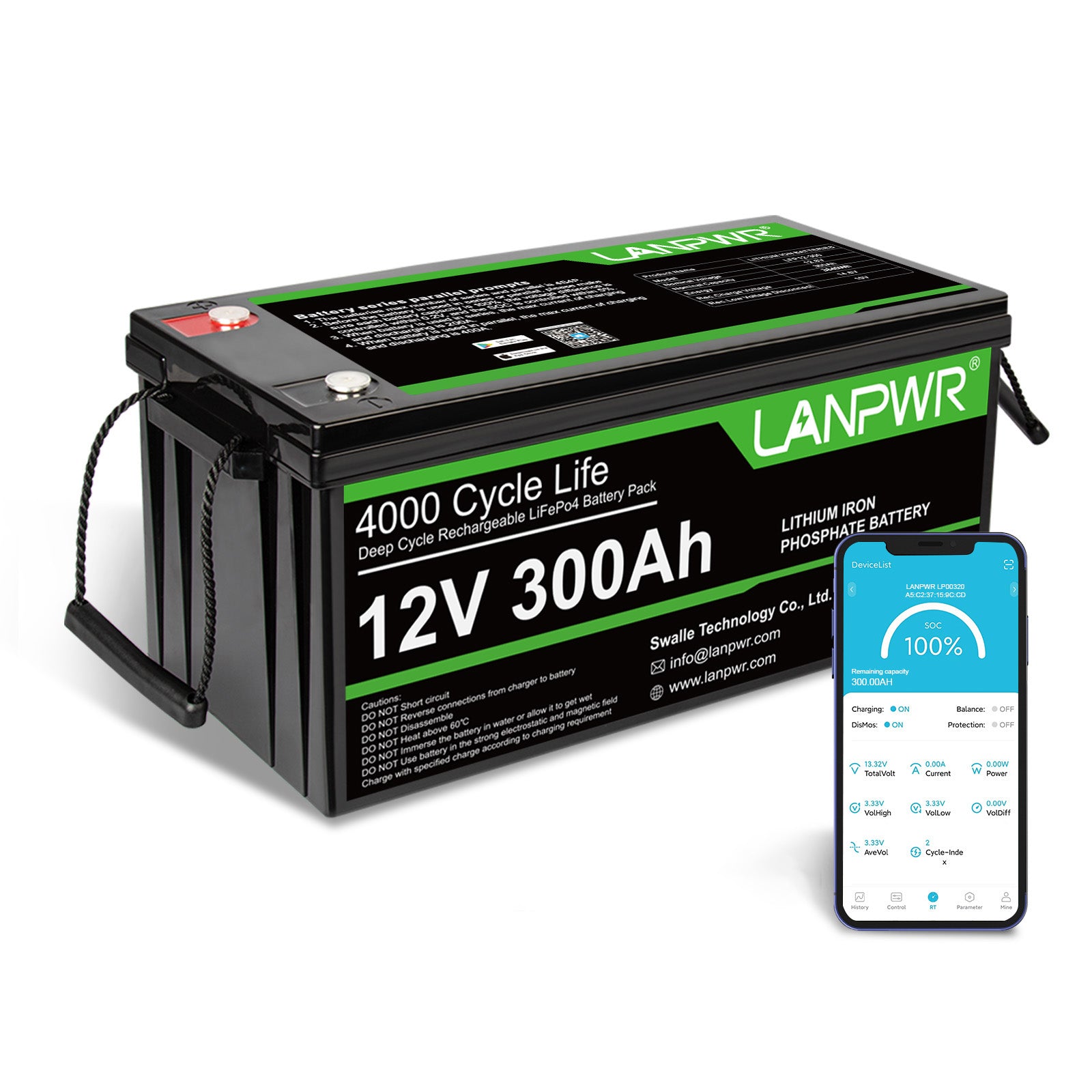 LANPWR12V300AhLiFePO4BatterywithBluetooth5.0,MaximumLoadPower2560W,3840WhEnergy