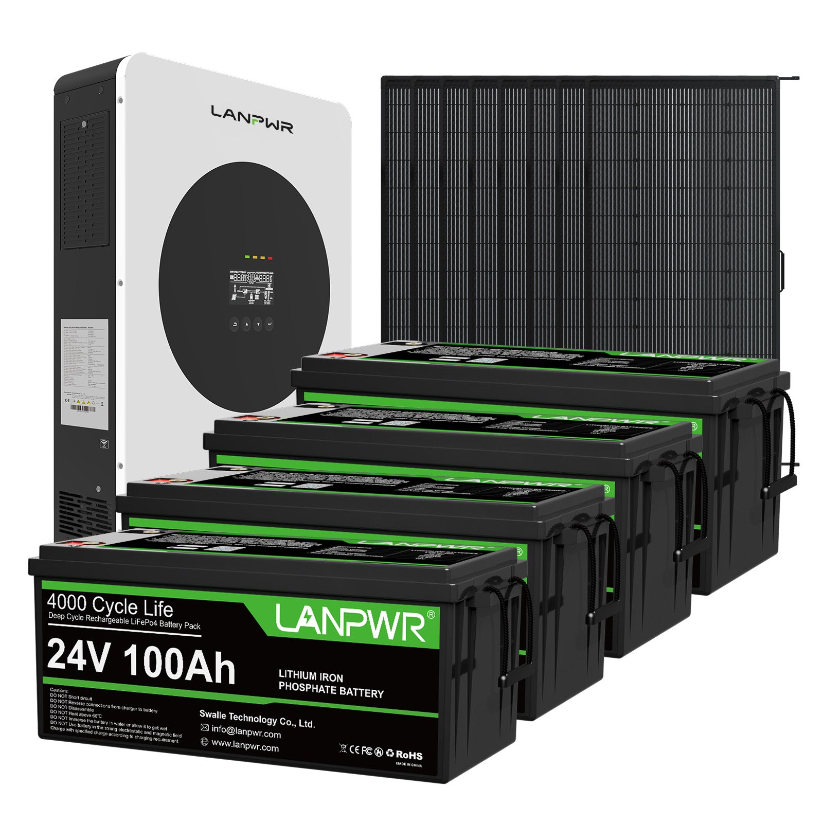 LANPWR 1440Wp 3600W 24V 5.12kWh Off‑Grid Solar Kit - 24V 3600W Off-grid Inverter, 2x24V 100Ah LiFePO4 Lithium Battery