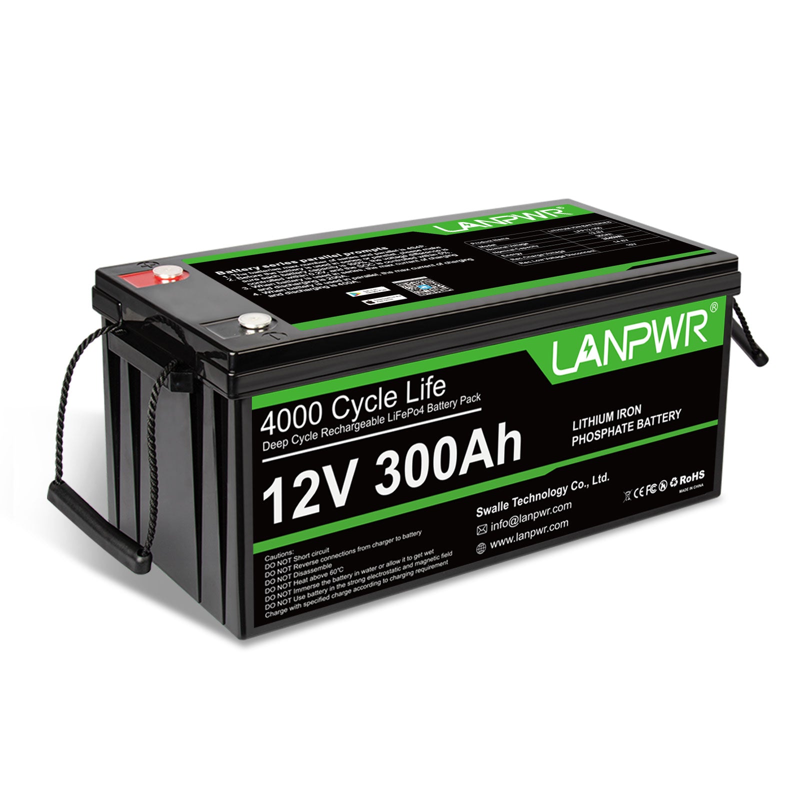 LANPWR 12V 300Ah LiFePO4 Battery with Bluetooth 5.0, Maximum Load Power 2560W, 3840Wh Energy