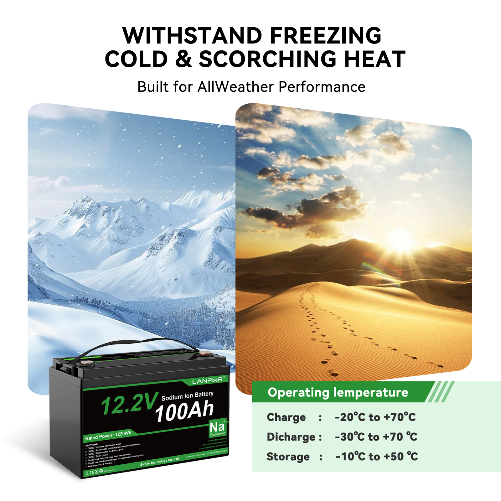 LANPWR 12.2V 100Ah Sodium-ion Bluetooth Lithium Battery - Specifically Designed for Cold Environments