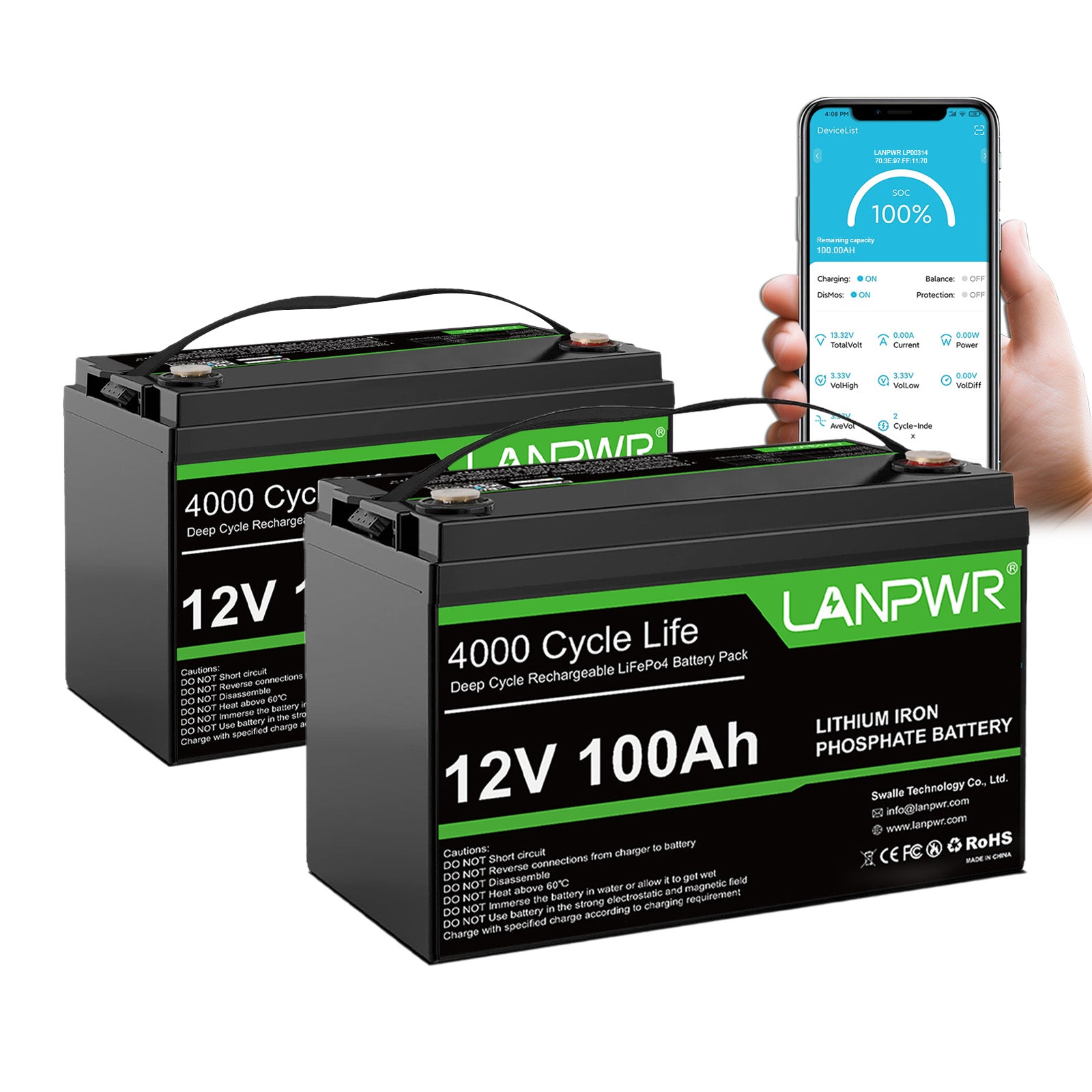 LANPWR 12V 100Ah LiFePO4 Battery with Bluetooth 5.0, 4000+ Deep Cycle Lithium Battery