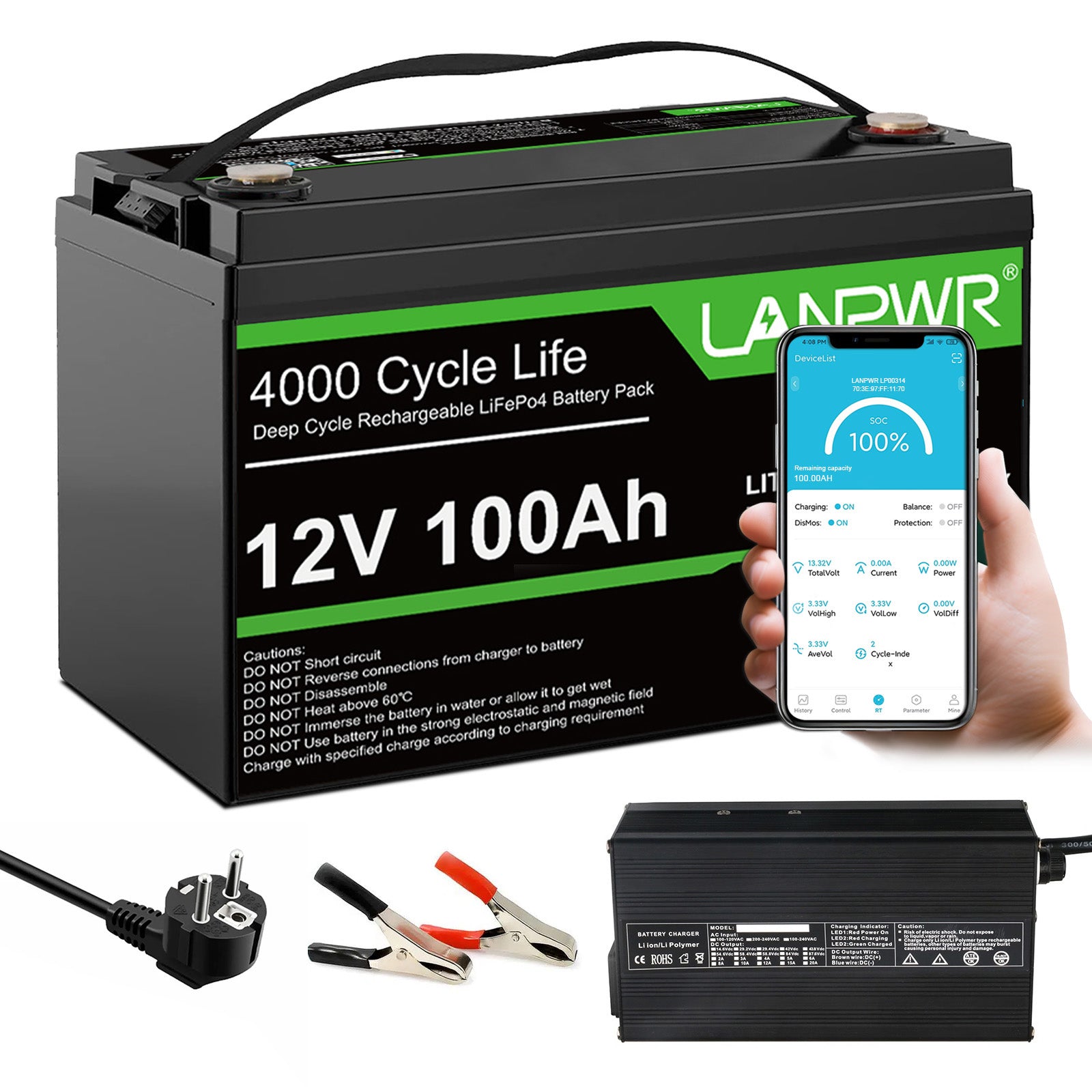 【Black Friday Price €229,99】LANPWR 12V 100Ah LiFePO4 Battery with Bluetooth 5.0, 4000+ Deep Cycle Lithium Battery