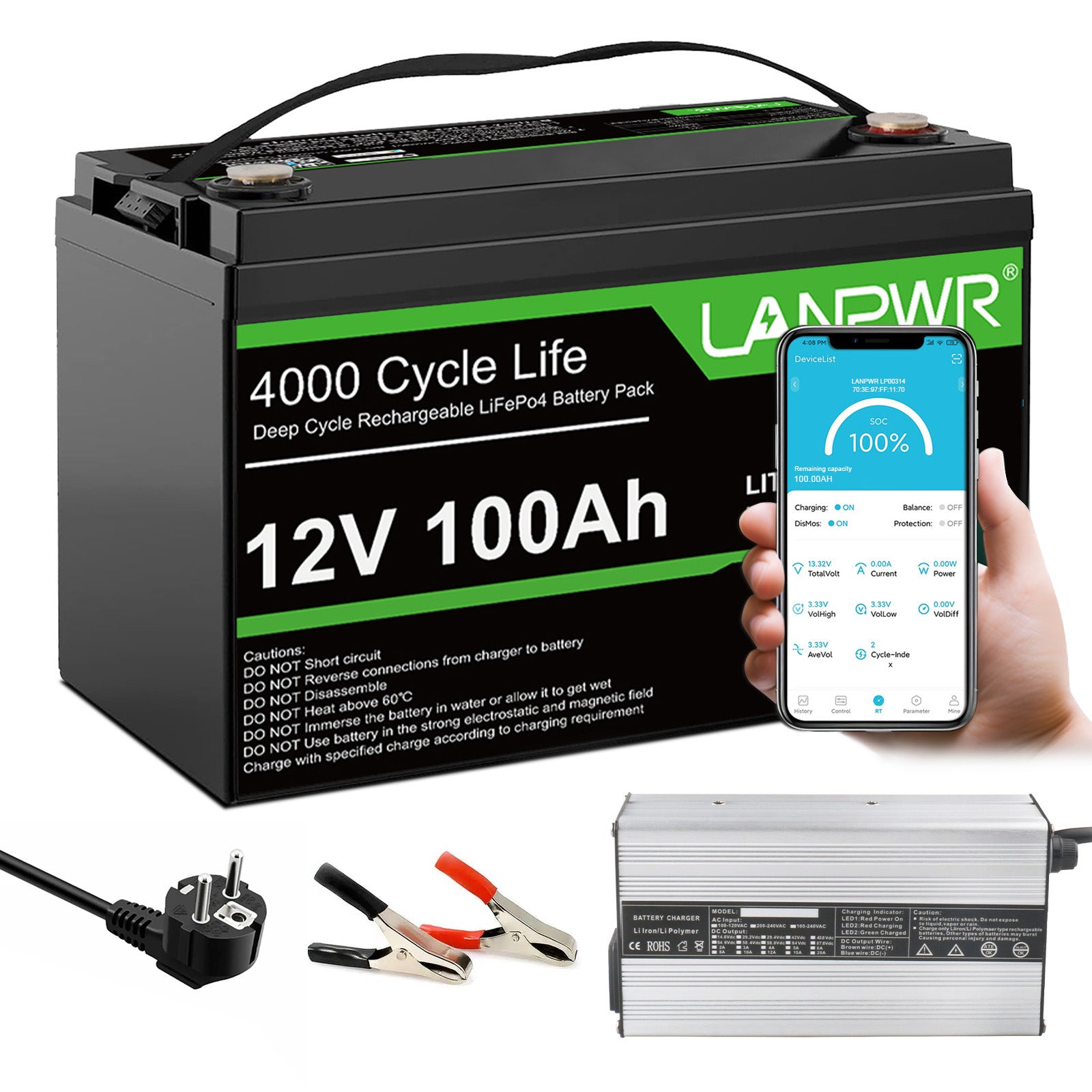 LANPWR 12V 100Ah LiFePO4 Battery with Bluetooth 5.0, 4000+ Deep Cycle Lithium Battery