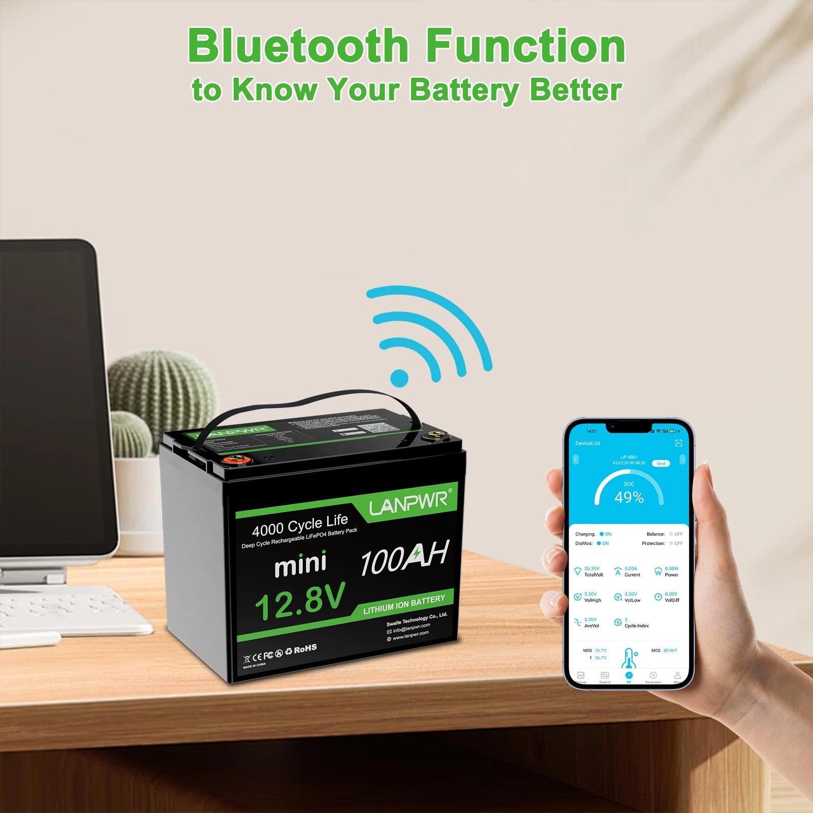 LANPWR 12V 100Ah Mini Bluetooth LiFePO4 Lithium Battery