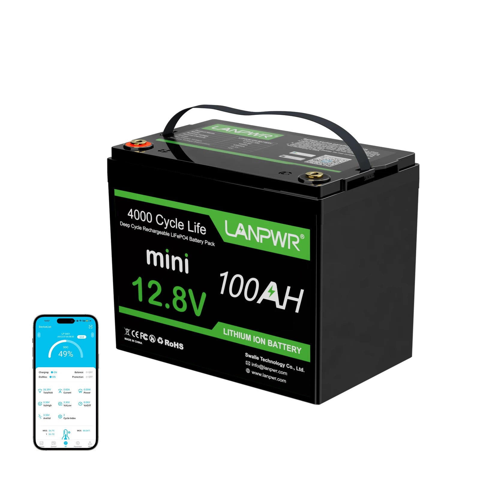 LANPWR 12V 100Ah Mini Bluetooth LiFePO4 Lithium Battery