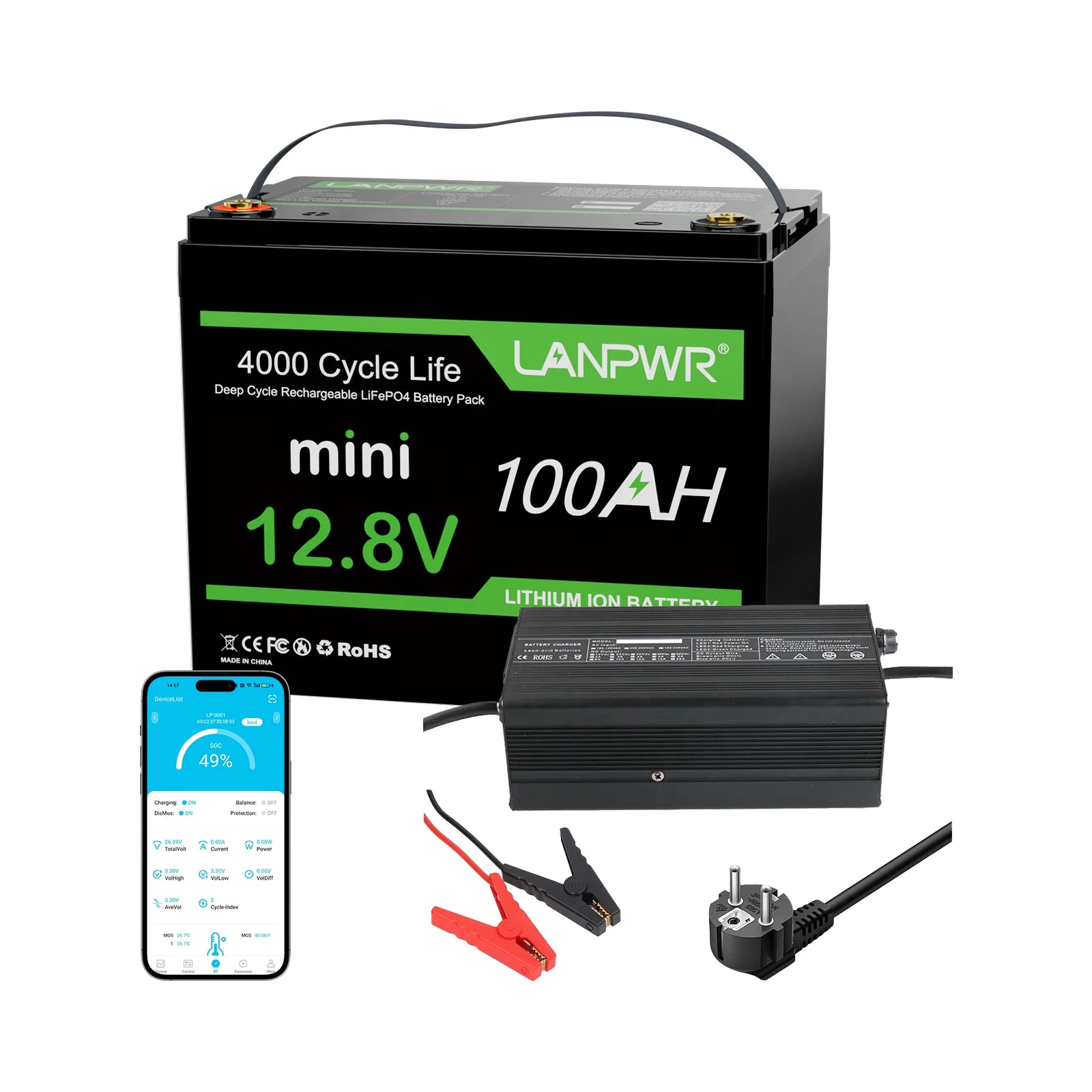 LANPWR 12V 100Ah Mini Bluetooth LiFePO4 Lithium Battery