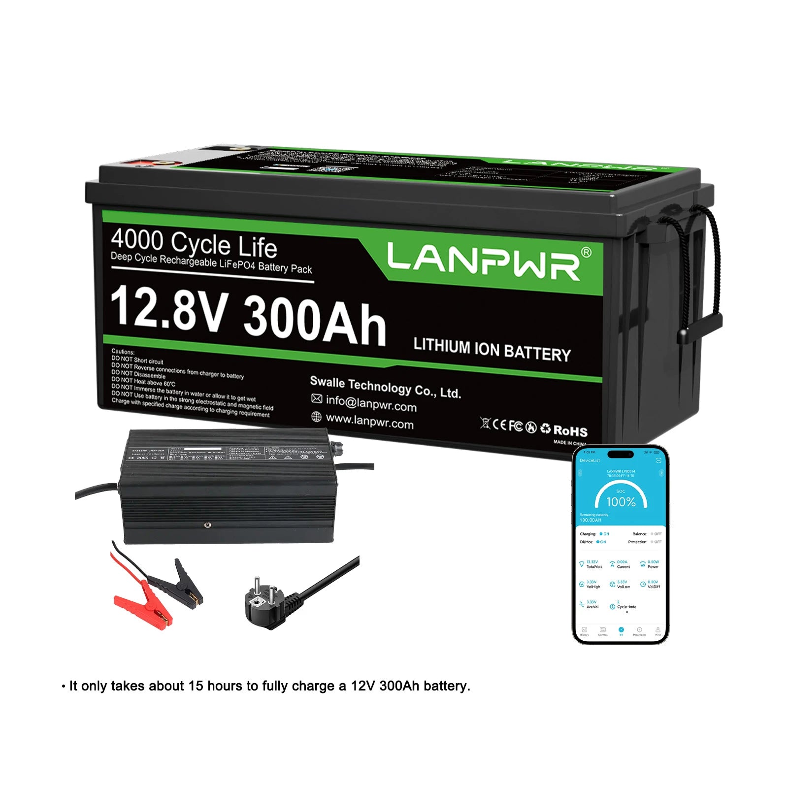 LANPWR 12V 300Ah LiFePO4 Battery with Bluetooth 5.0, Maximum Load Power 2560W, 3840Wh Energy