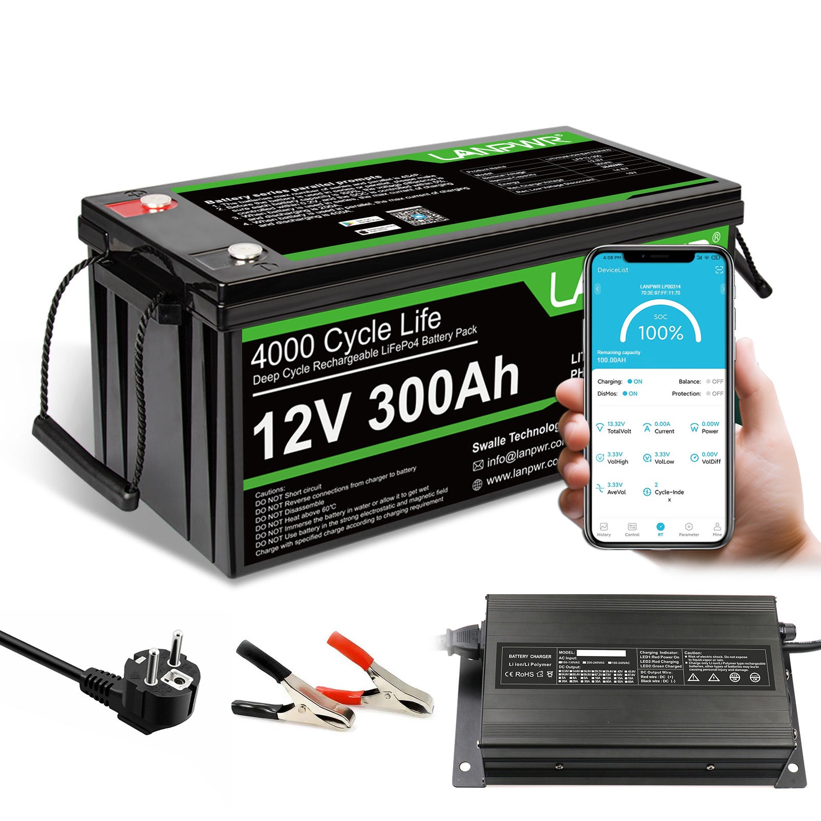 LANPWR 12V 300Ah LiFePO4 Battery with Bluetooth 5.0, Maximum Load Power 2560W, 3840Wh Energy