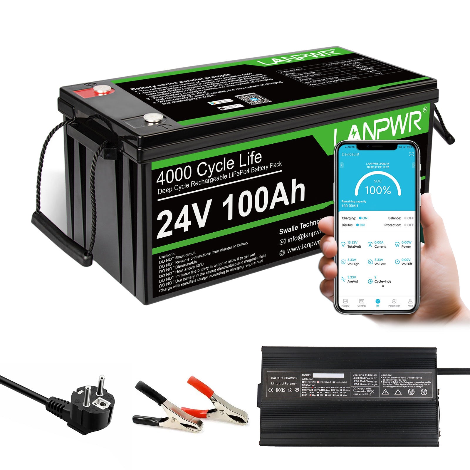 LANPWR 24V 100Ah LiFePO4 Battery with Bluetooth 5.0, Maximum Load Power 2560W, 2560Wh Energy