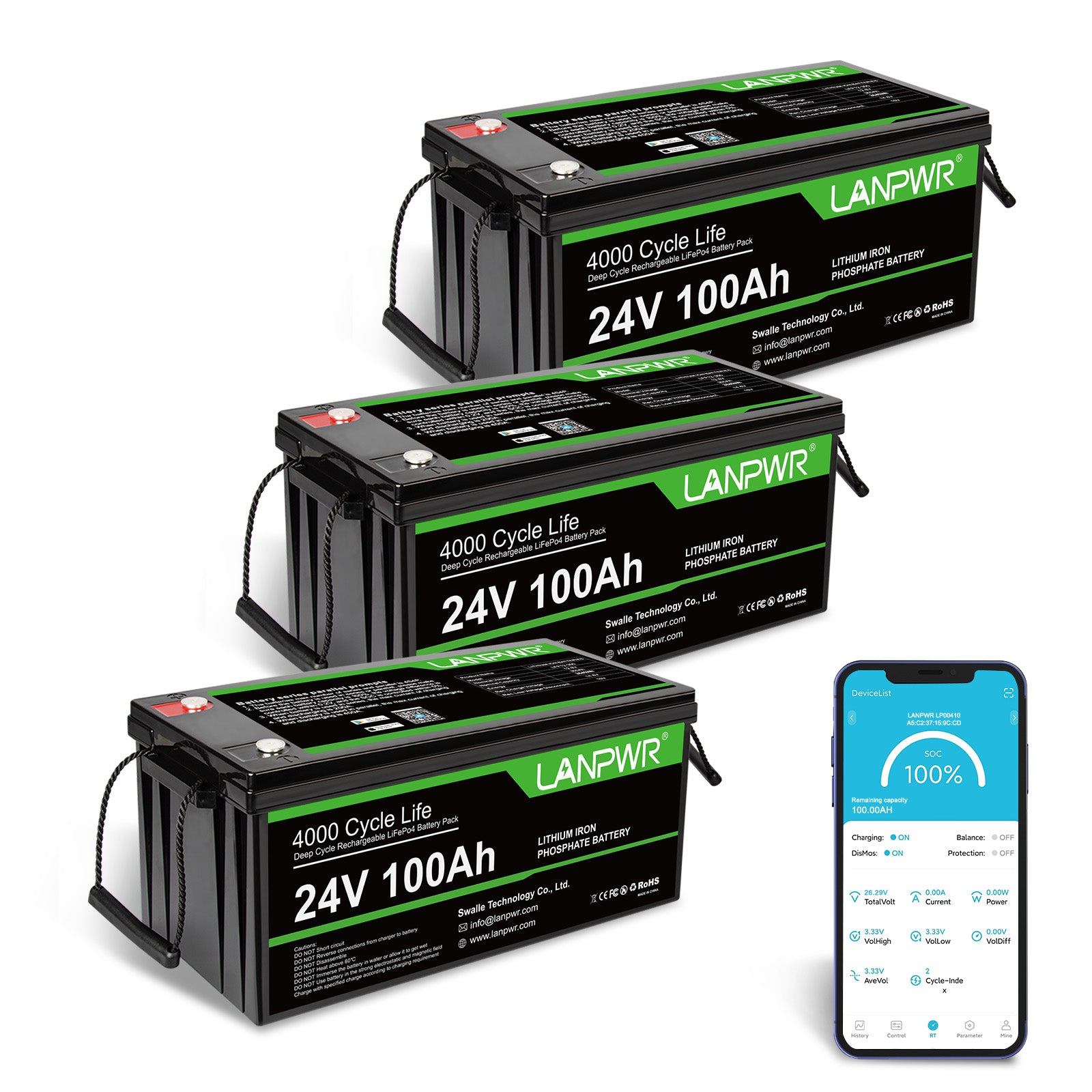 LANPWR 24V 100Ah LiFePO4 Battery with Bluetooth 5.0, Maximum Load Power 2560W, 2560Wh Energy