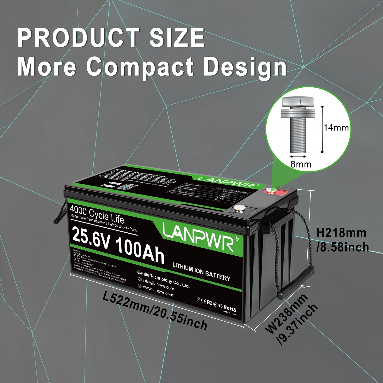 LANPWR 24V 100Ah LiFePO4 Battery with Bluetooth 5.0, Maximum Load Power 2560W, 2560Wh Energy