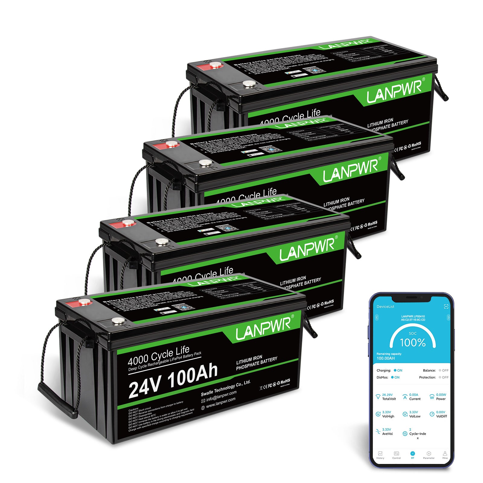 LANPWR 24V 100Ah LiFePO4 Battery with Bluetooth 5.0, Maximum Load Power 2560W, 2560Wh Energy