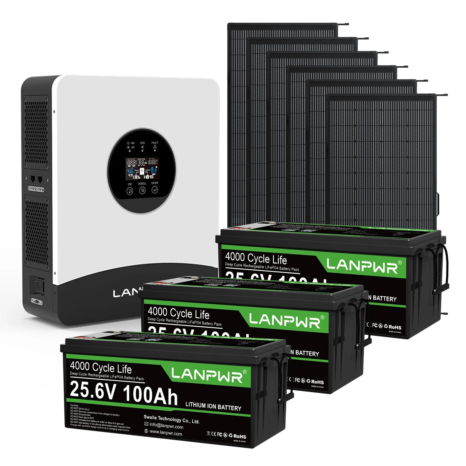 LANPWR 1080Wp 3000W 24V 5.12kWh Off-Grid Solar Panels Kit - 24V 3000W Off-grid Inverter, 2x24V 100Ah LiFePO4 Lithium Battery
