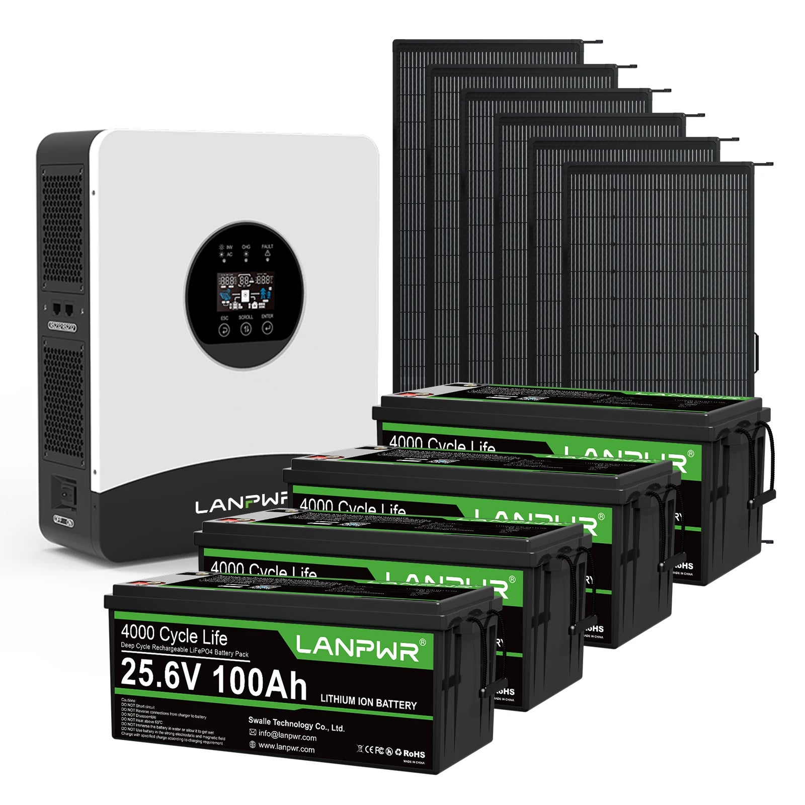 LANPWR 1080Wp 3000W 24V 5.12kWh Off-Grid Solar Panels Kit - 24V 3000W Off-grid Inverter, 2x24V 100Ah LiFePO4 Lithium Battery