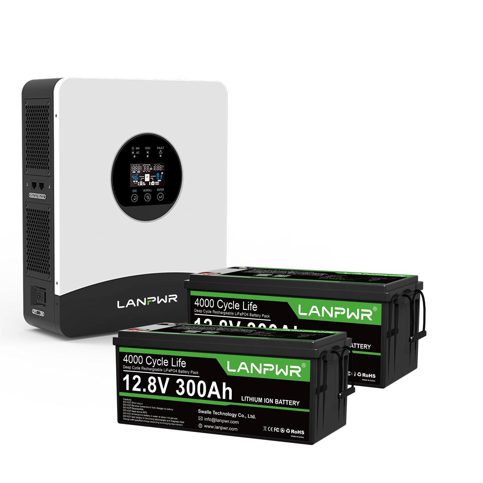 LANPWR 1080Wp 3000W 24V 5.12kWh Off-Grid Solar Panels Kits - 24V 3000W Off-grid Inverter, 2x12V 300Ah Bluetooth LiFePO4 Battery