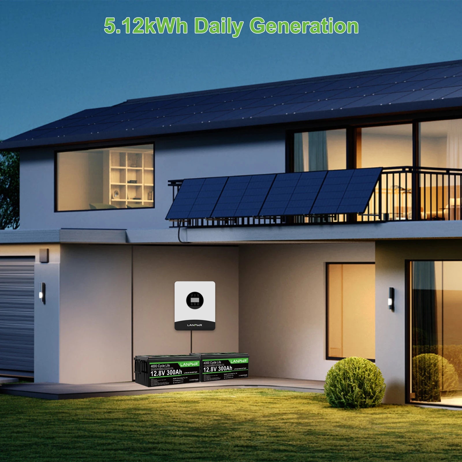 LANPWR 1080Wp 3000W 24V 5.12kWh Off-Grid Solar Panels Kits - 24V 3000W Off-grid Inverter, 2x12V 300Ah Bluetooth LiFePO4 Battery