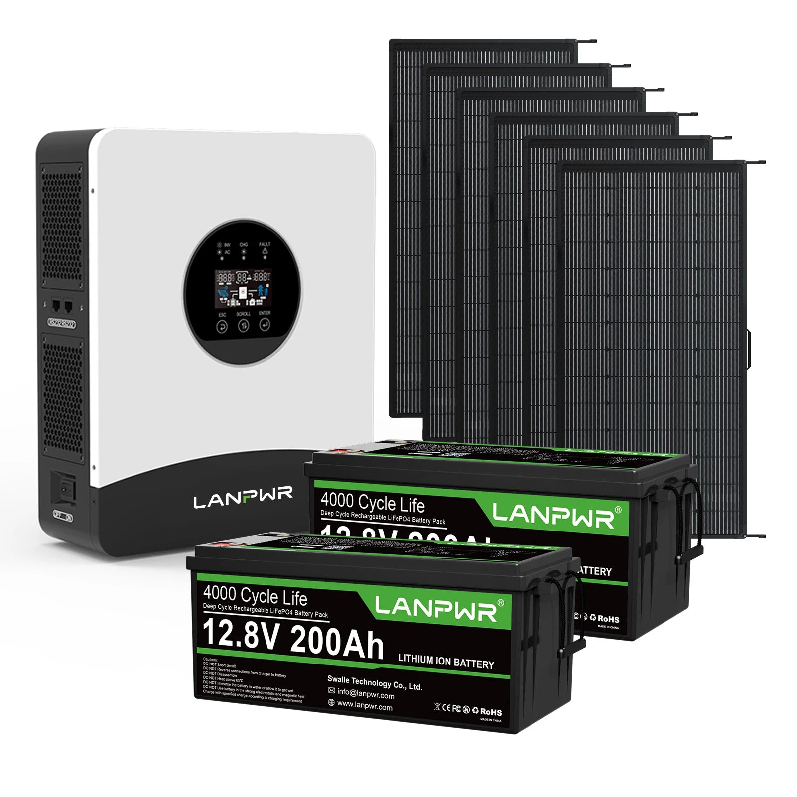 LANPWR 1080Wp 3000W 24V 5.12kWh Off-Grid Solar Panels Kit - 24V 3000W Off-grid Inverter, 2x12V 200Ah Bluetooth LiFePO4 Battery