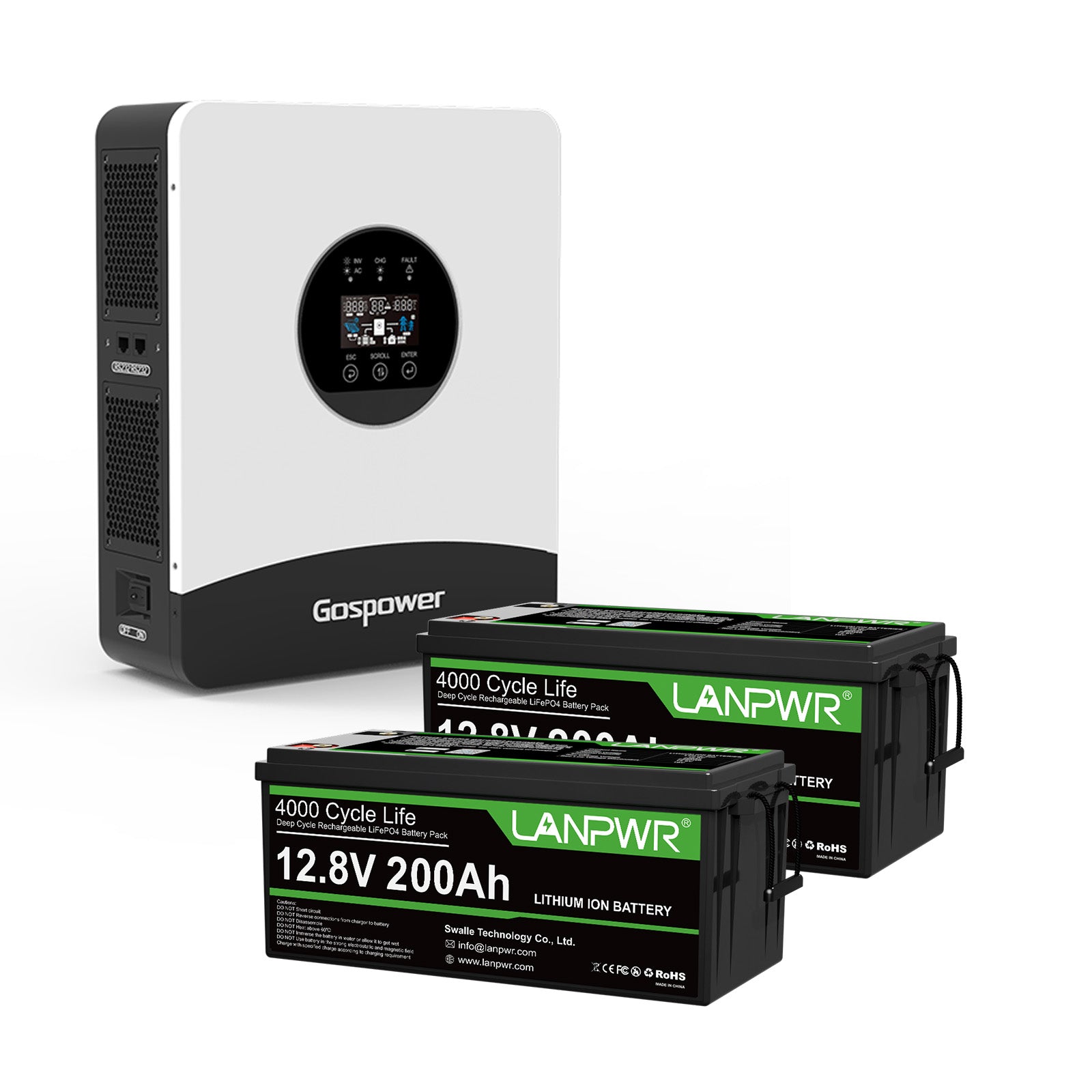 LANPWR 1440Wp 3000W 24V 10.24kWh Off-Grid Solar Kit - 24V 3000W Off-grid Inverter, 4x12.8V 200Ah LiFePO4 Lithium Battery