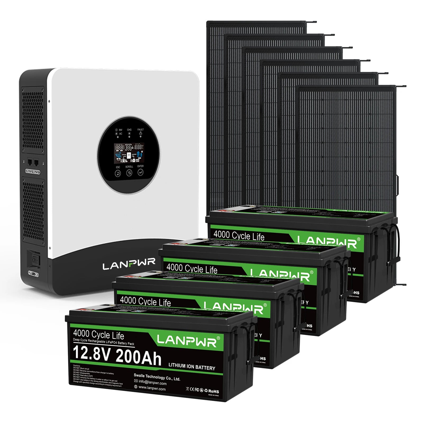 LANPWR 1080Wp 3000W 24V 5.12kWh Off-Grid Solar Panels Kit - 24V 3000W Off-grid Inverter, 2x12V 200Ah Bluetooth LiFePO4 Battery