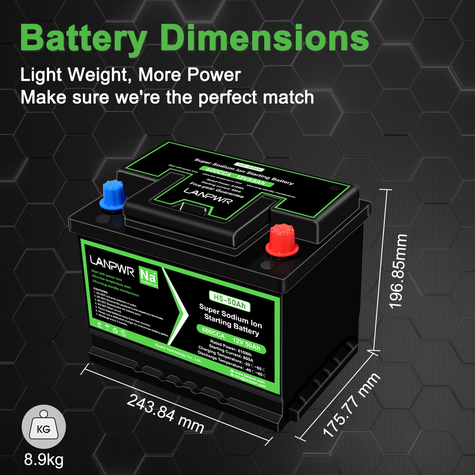 LANPWR Group-47 H5 Sodium-ion Vehicle Starting Battery 12V 50Ah 610Wh (CCA actual testing exceeds 700)