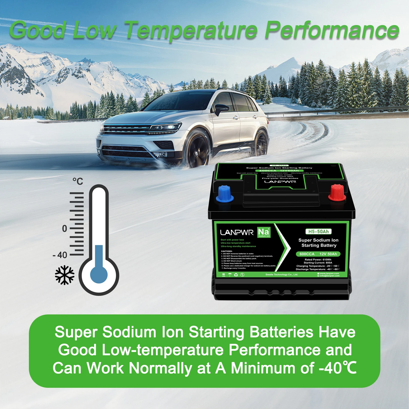 LANPWR Group-47 H5 Sodium-ion Vehicle Starting Battery 12V 50Ah 610Wh (CCA actual testing exceeds 700)