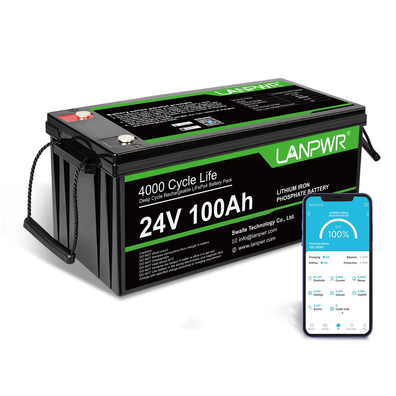 LANPWR 24V 100Ah LiFePO4 Battery with Bluetooth 5.0, Maximum Load Power 2560W, 2560Wh Energy