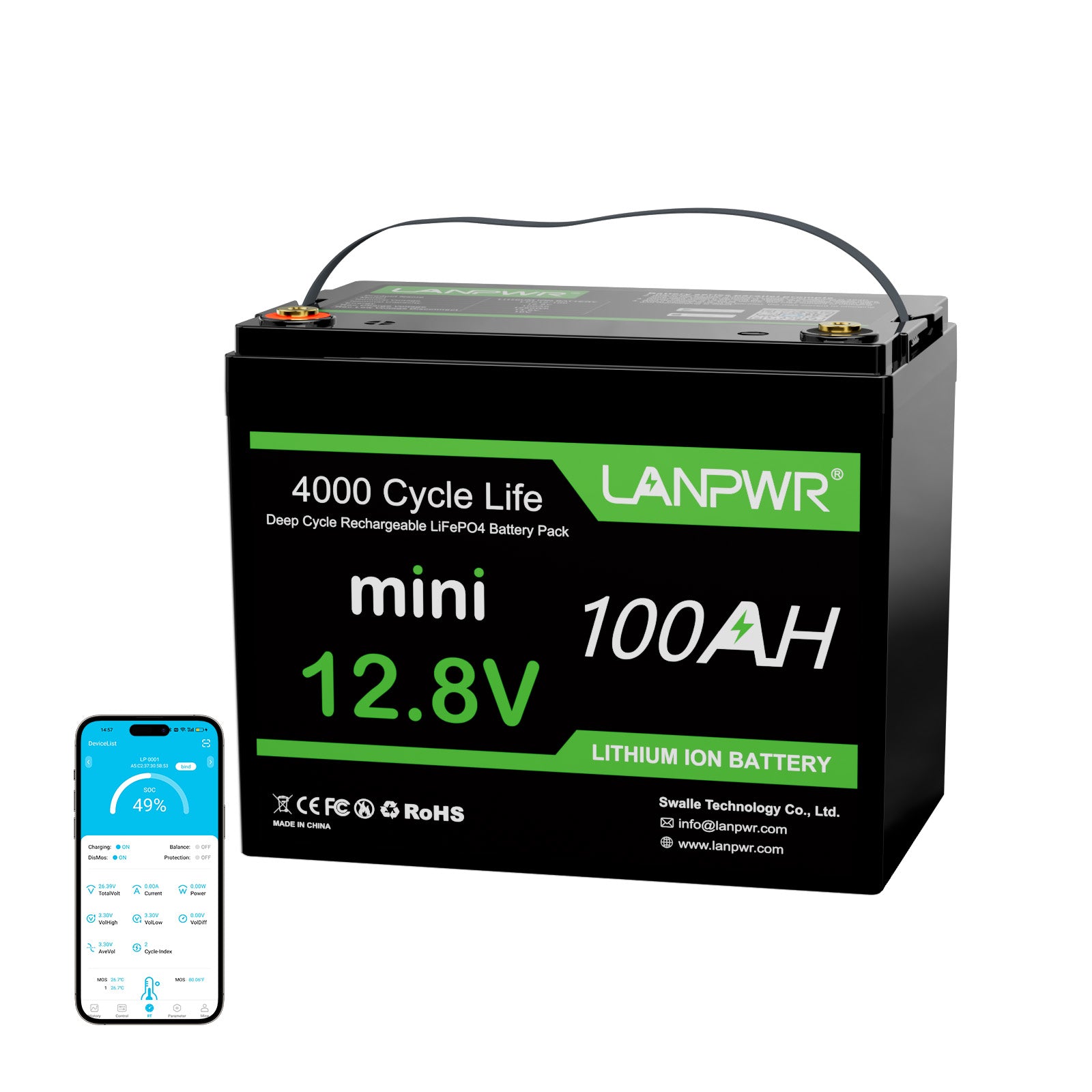 LANPWR 12V 100Ah Mini Bluetooth LiFePO4 Lithium Battery