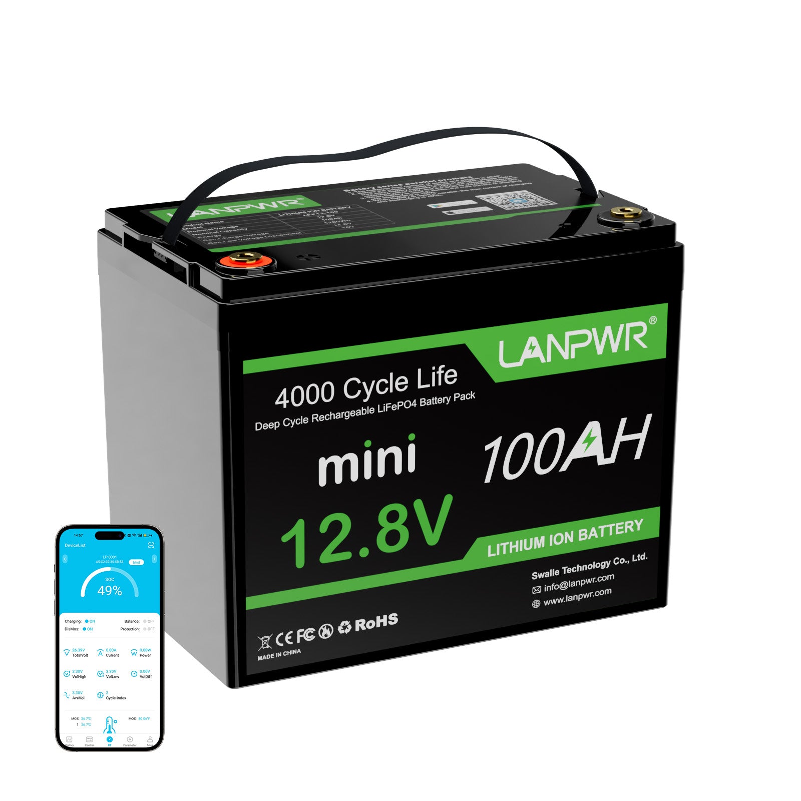 LANPWR 12V 100Ah Mini Bluetooth LiFePO4 Lithium Battery