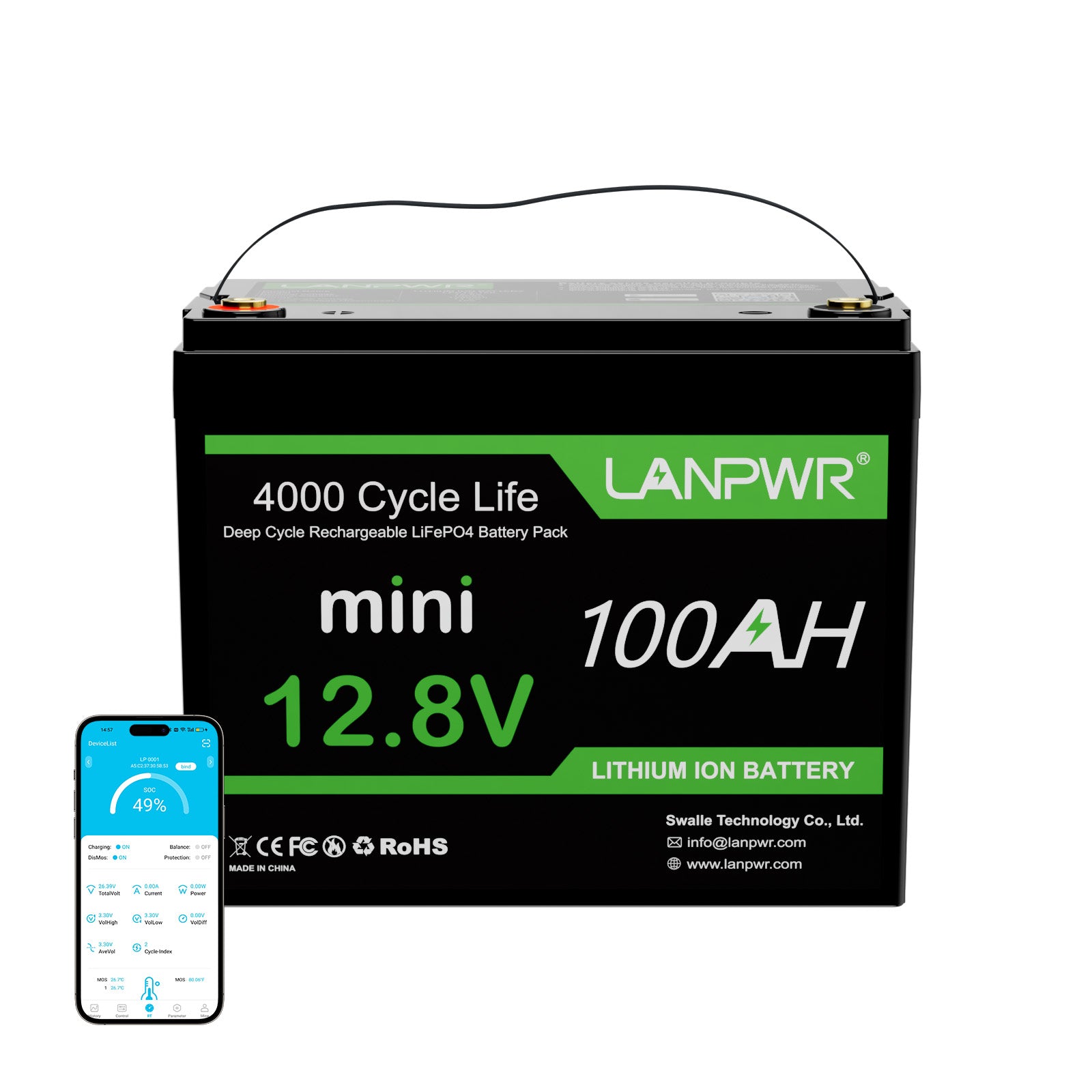 LANPWR 12V 100Ah Mini Bluetooth LiFePO4 Lithium Battery