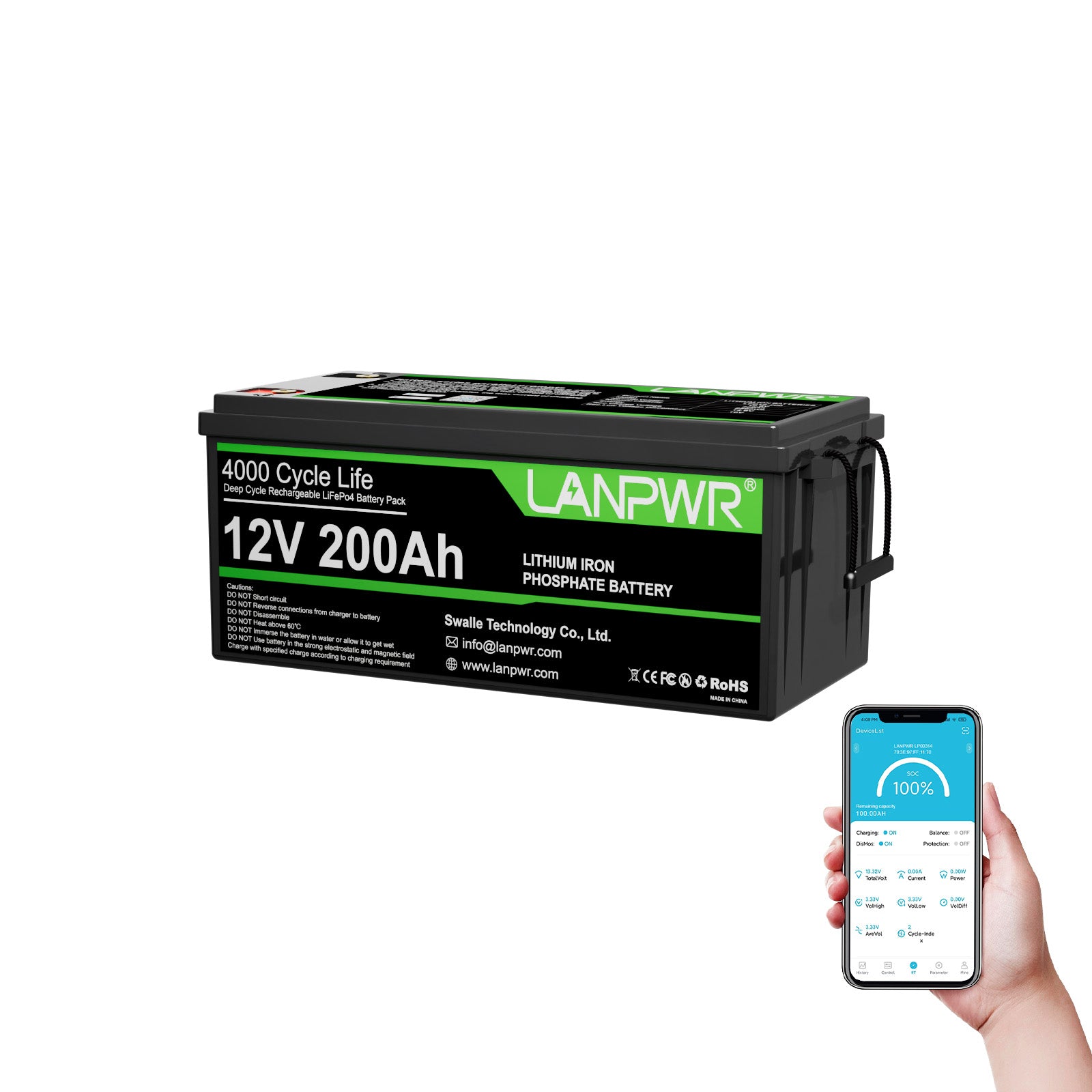 LANPWR 12V 200Ah Plus LiFePO4 Battery with Bluetooth 5.0, Maximum Load Power 2560W, 2560Wh Energy