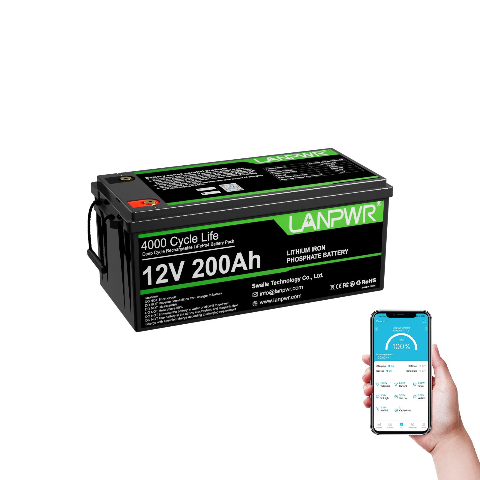 LANPWR 12V 200Ah Plus LiFePO4 Battery with Bluetooth 5.0, Maximum Load Power 2560W, 2560Wh Energy