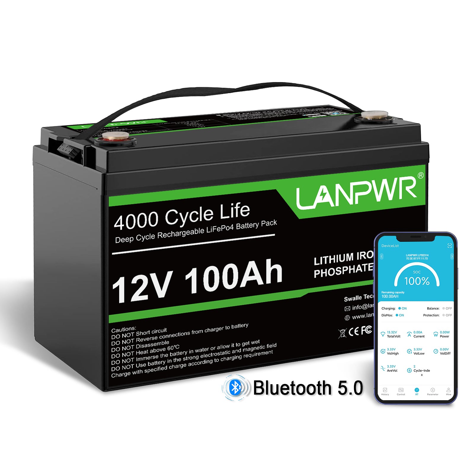【Pre-order】LANPWR 12V 100Ah LiFePO4 Battery with Bluetooth 5.0, 4000+ Deep Cycle Lithium Battery