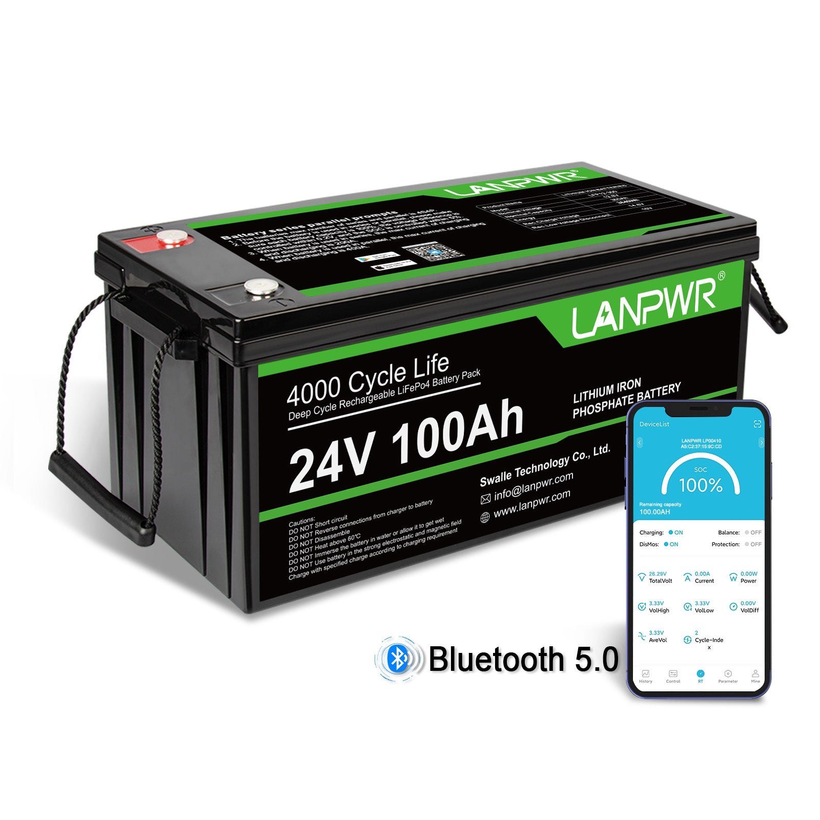 LANPWR 24V 100Ah LiFePO4 Battery with Bluetooth 5.0, Maximum Load Power 2560W, 2560Wh Energy