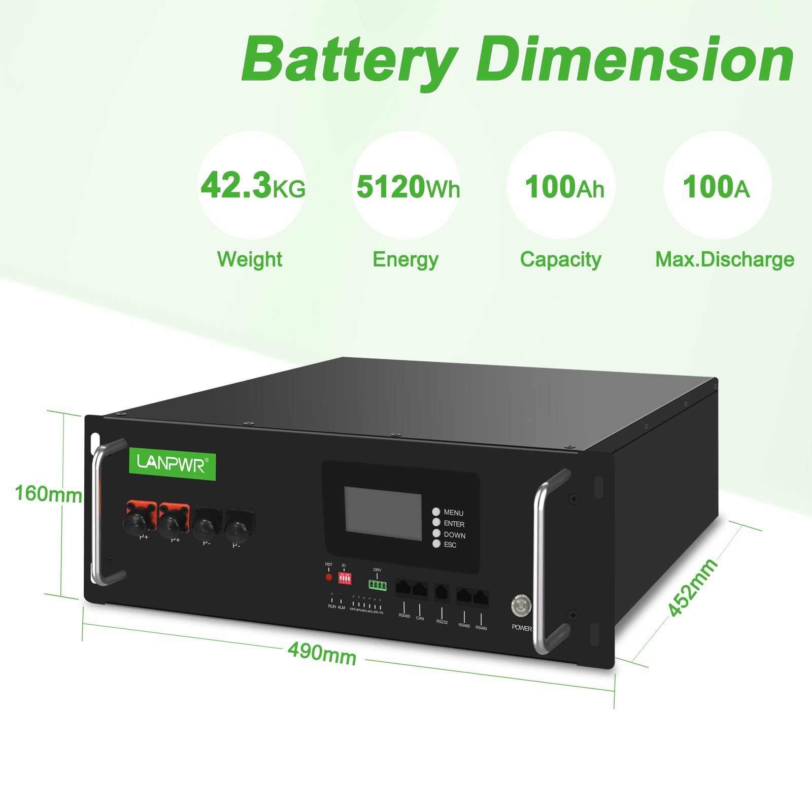 LANPWR 51.2V 100Ah LiFePO4 Lithium Battery with 16 cells, Built-In 100A BMS, Max. 5120W Energy