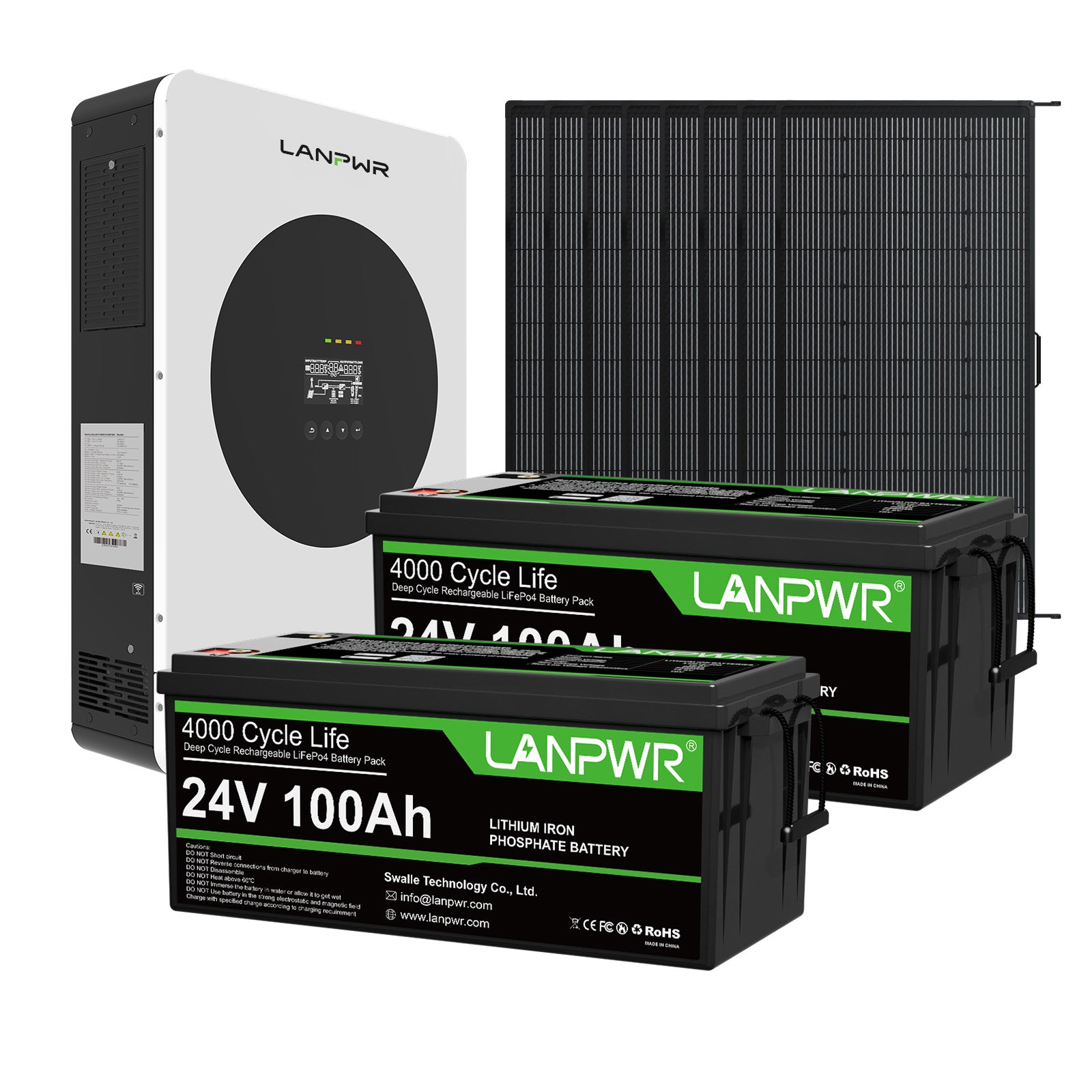 LANPWR 1440Wp 3600W 24V 5.12kWh Off-Grid Solar Kit - 24V 3600W Off-grid Inverter, 2x24V 100Ah LiFePO4 Lithium Battery