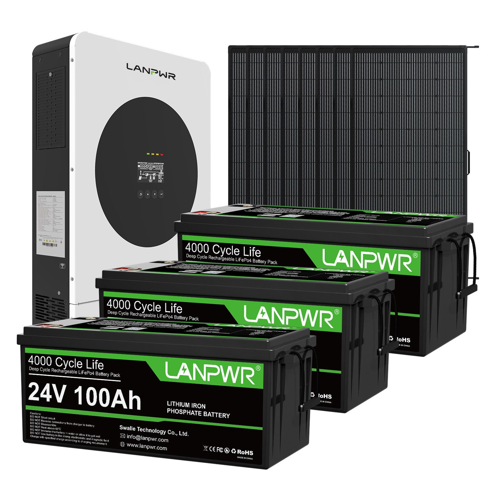 LANPWR 1440Wp 3600W 24V 5.12kWh Off-Grid Solar Kit - 24V 3600W Off-grid Inverter, 2x24V 100Ah LiFePO4 Lithium Battery