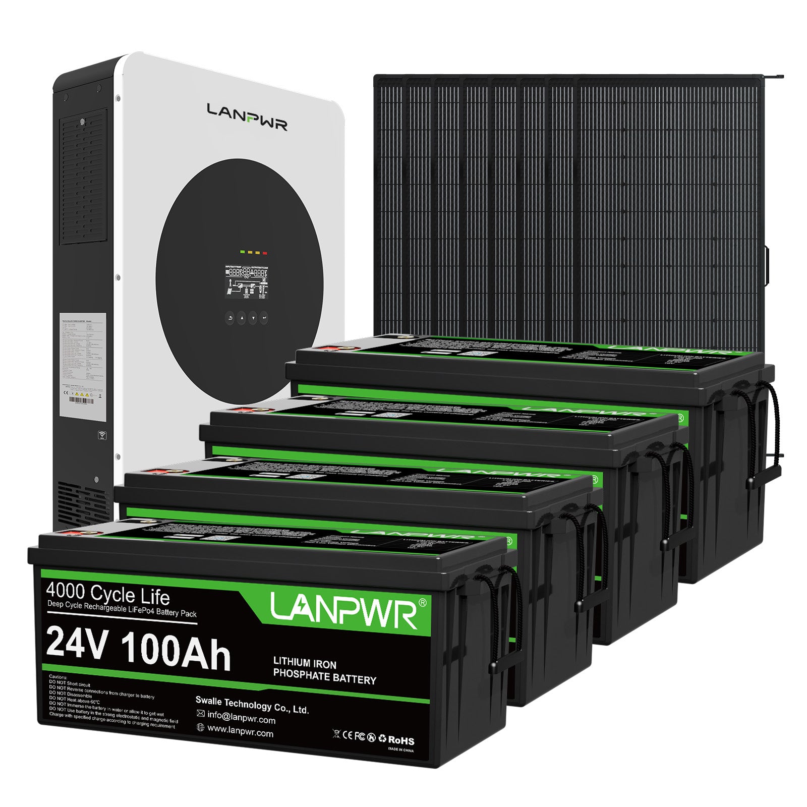 LANPWR 1440Wp 3600W 24V 5.12kWh Off-Grid Solar Kit - 24V 3600W Off-grid Inverter, 2x24V 100Ah LiFePO4 Lithium Battery